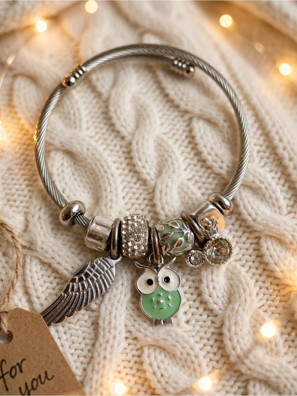 Avalaya Silver Twisted Cable Wire Owl Angel Wing Charm Bangle Bracelet